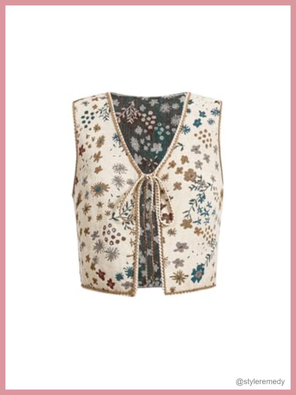 Embroidered Vest Top Sleeveless V Neck Tie Front Cropped Western Concert